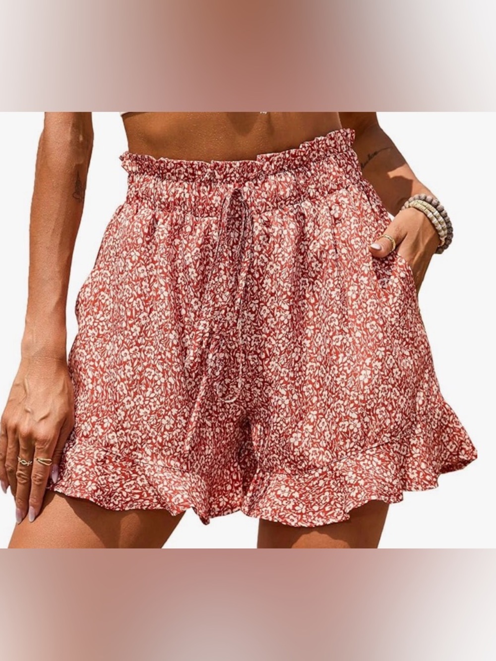 Floral Ruffle Waist Drawstring Shorts - Rust. Size Large